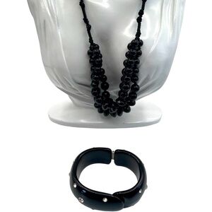 Vintage Elegant Black Beaded Necklace & Bracelet Set With Rhinestone N63